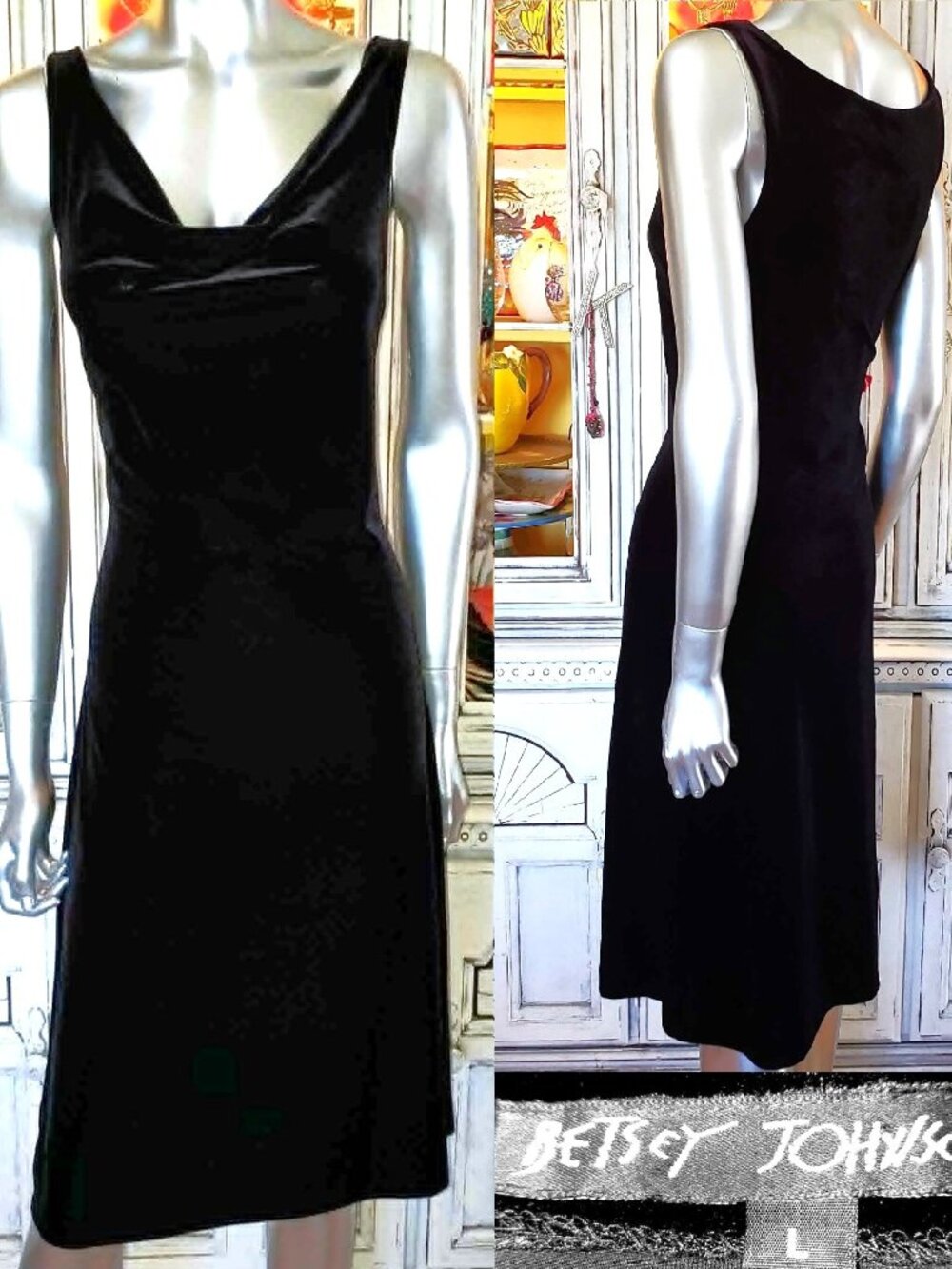 Betsey Johnson Vintage 90s Y2K Classic Black Stretch Velvet Midi Slip Dress Sz L